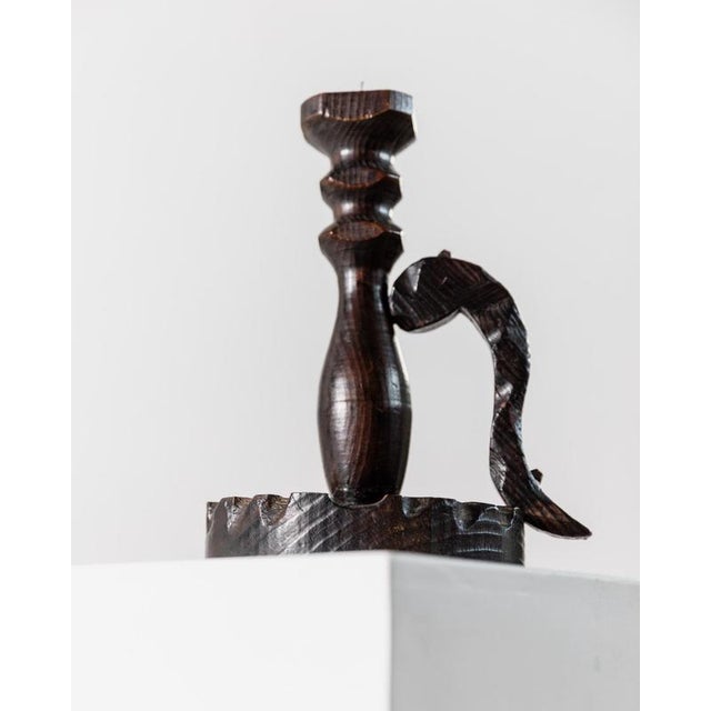 Vintage Italian Brutalist Handcarved Dark Wood Candleholder, 1960s For Sale - Image 6 of 11