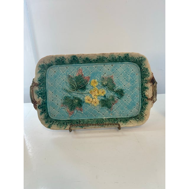 Victorian 1900s Flower & Leaf Decorated Victorian Ceramic Majolica Platter For Sale - Image 3 of 8