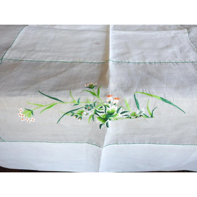 French Vintage Hand Embroidered Linen Organza Luncheon Tablecloth and Napkins For Sale - Image 3 of 12