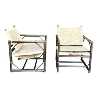 Attributed to Forbes for McGuire Vintage Campaign Safari Lounge Chairs in Woven Silk & Wood – Pair For Sale