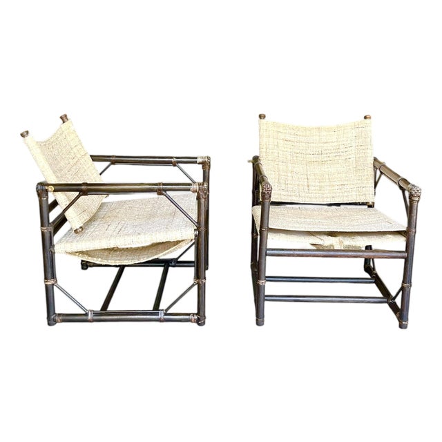 Attributed to Forbes for McGuire Vintage Campaign Safari Lounge Chairs in Woven Silk & Wood – Pair For Sale