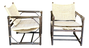 Pair Attributed to Forbes for McGuire Vintage Campaign Safari Lounge Chairs in Woven Silk & Wood
