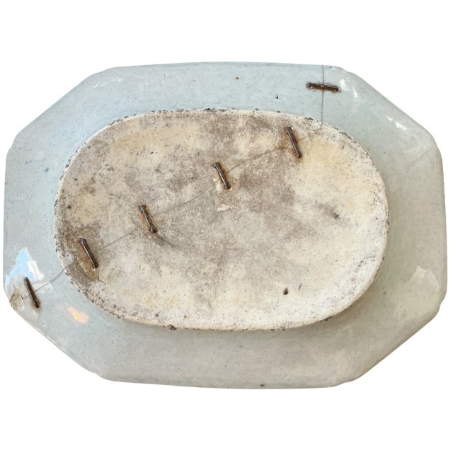 Blue 19th C Japanese Imari Porcelain Plater Featuring Pagodas, Moths, and Junk Ships With Historic Staple Repairs | Late Edo–Early Meiji, Circa 1860–1885 For Sale - Image 8 of 9