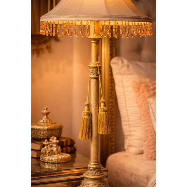 Vintage Hollywood Regency Cast Iron Table Lamp With Beaded Fringe Shade & Dual Tassels – 38” Tall For Sale - Image 4 of 12