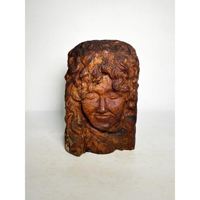 A wooden sculpture of a head, France, 1960s, with an expressive and profoundly organic character. Carved from a solid...
