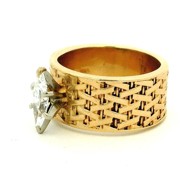 1970s FJG 14k Gold Basket-Weave Ring With Marquise Diamond, Size 5 For Sale - Image 9 of 14
