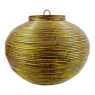 Vintage 1970s Large Bamboo Pencil Reed Lidded Floor Basket Attributed to Gabriella Crespi For Sale