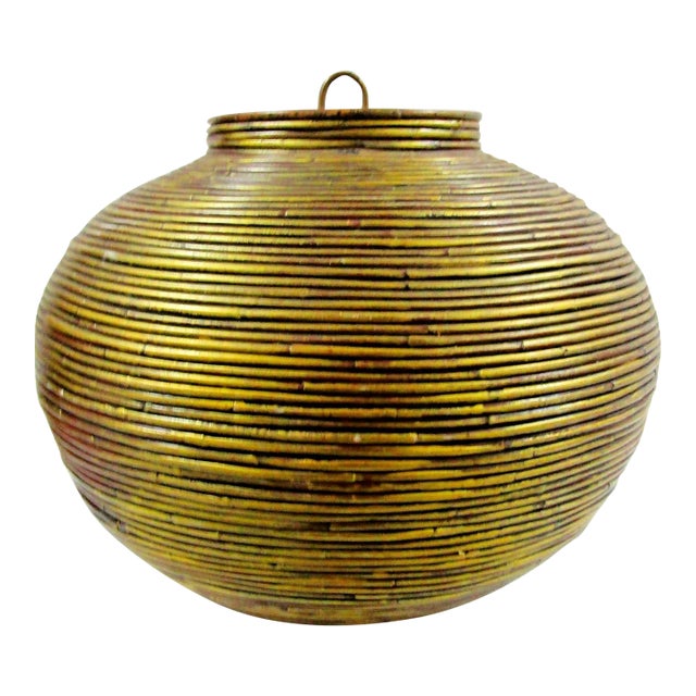 Vintage 1970s Large Bamboo Pencil Reed Lidded Floor Basket Attributed to Gabriella Crespi For Sale
