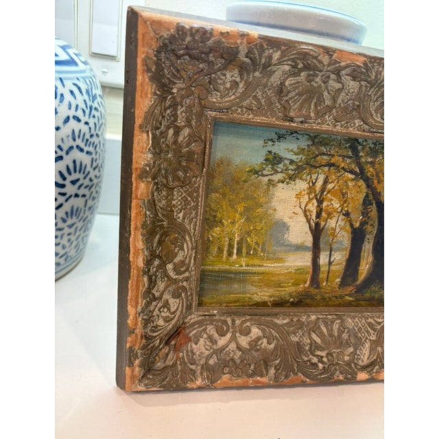 Brown Vintage Mini Oil Wood Landscape Paintings in Distressed Ornate Wood Frames – Set of Three For Sale - Image 8 of 16