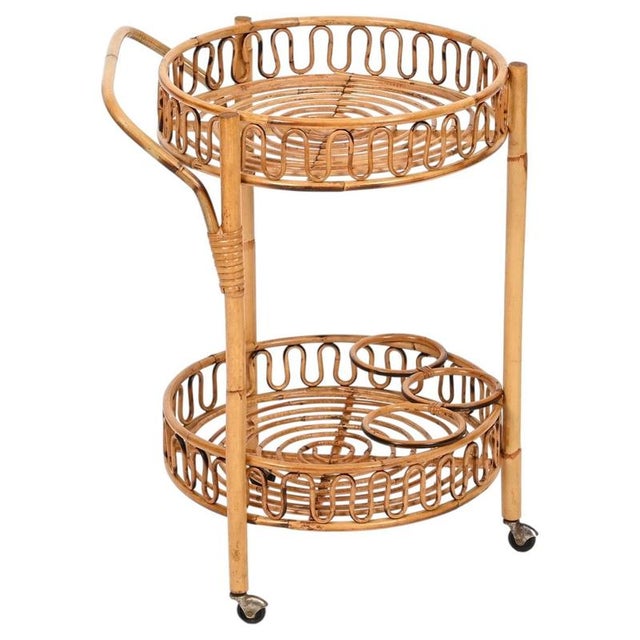 Round Serving Bar Cart in Bamboo, Rattan and Wicker by Franco Albini, Italy, 1960s For Sale - Image 12 of 12
