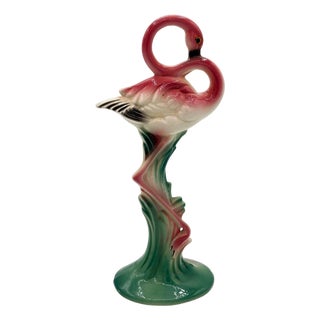 1950s Large 10" MCM California Pottery Ceramic Bashful Pink Flamingo Tabletop Statue For Sale
