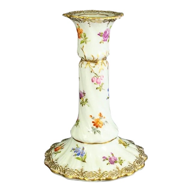1800's Porcelain Candlestick Gilt & Hand Painted Flowers Germany Marked For Sale
