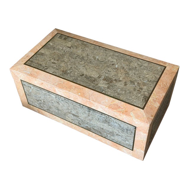 Vintage Mid-Century Modern Postmodern Tessellated Marble Mactan Stone and Brass Jewelry Trinket Lidded Box With Velvet Interior by Maitland-Smith For Sale