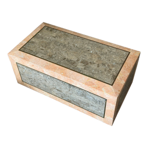 Vintage Mid-Century Modern Postmodern Tessellated Marble Mactan Stone and Brass Jewelry Trinket Lidded Box With Velvet Interior by Maitland-Smith