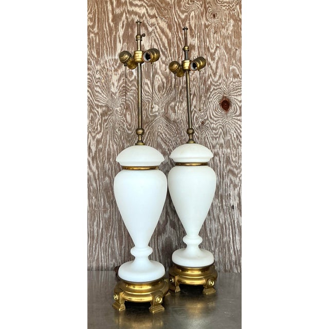 Mid 20th Century Vintage Regency French Opaline Lamps - A Pair For Sale - Image 5 of 12