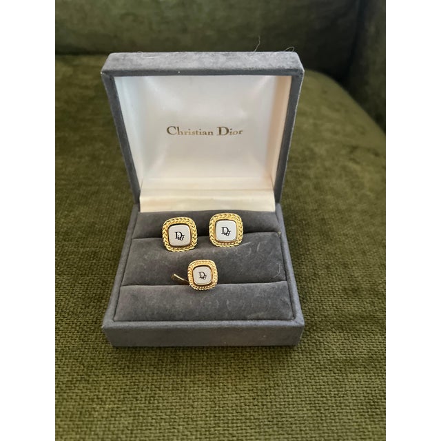 Rare Monsiuer Vintage Christian Dior Gold Plate Cufflinks & Tie Clip In Original For Sale - Image 11 of 18