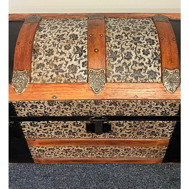 Victorian Small Victorian Dome Top Embossed Tin Steamer Trunk. For Sale - Image 3 of 10