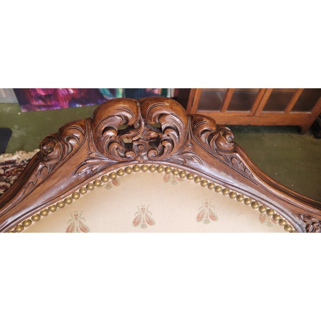 1940s French Carved Wing Chair Bumble Bee Fabric For Sale In Philadelphia - Image 6 of 12