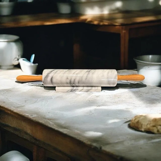 1970s White Carrerra Marble Rolling Pin With Stand White Gray For Sale - Image 5 of 9