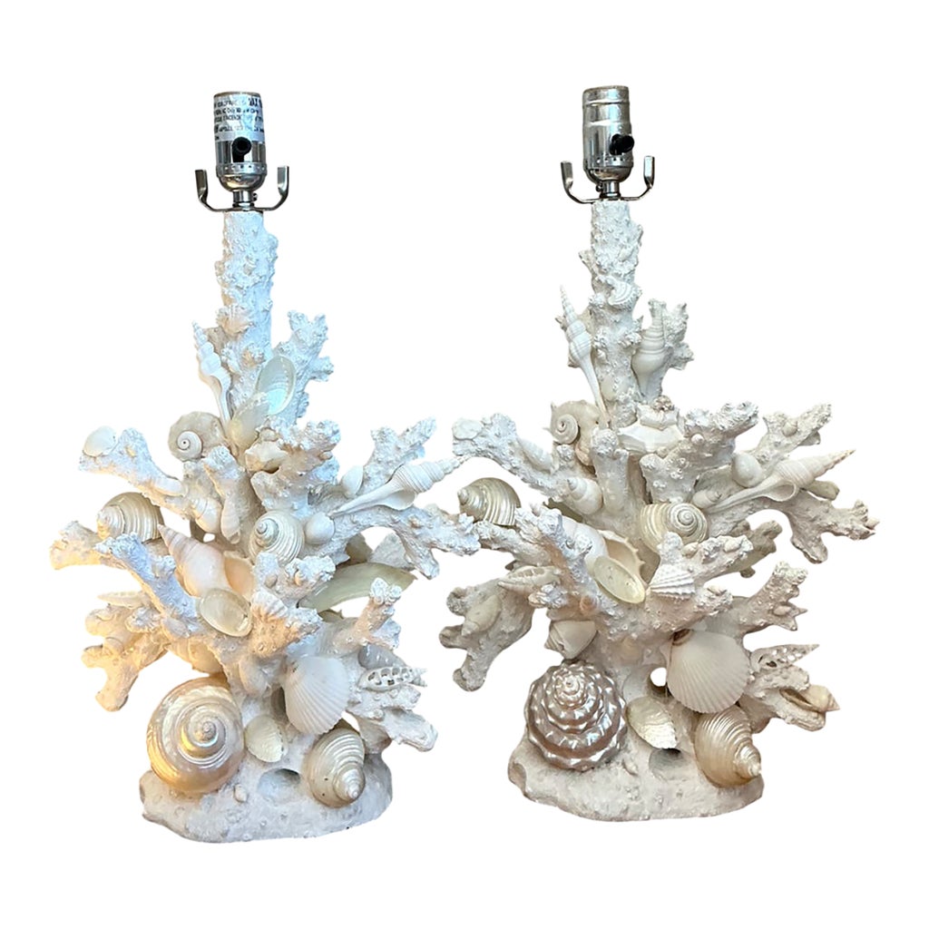Vintage Shell Encrusted Faux Coral Table Lamps - Pair