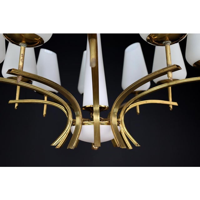 Gold Mid-Century Modern Brass and Opaline Glass Chandelier, France, 1950s For Sale - Image 8 of 15