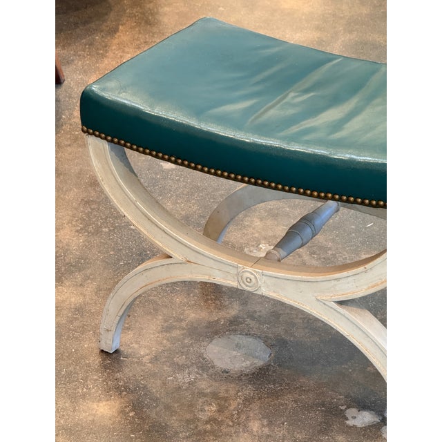 Wood 1950s Curule Stool With Teal Leather Seat For Sale - Image 7 of 8