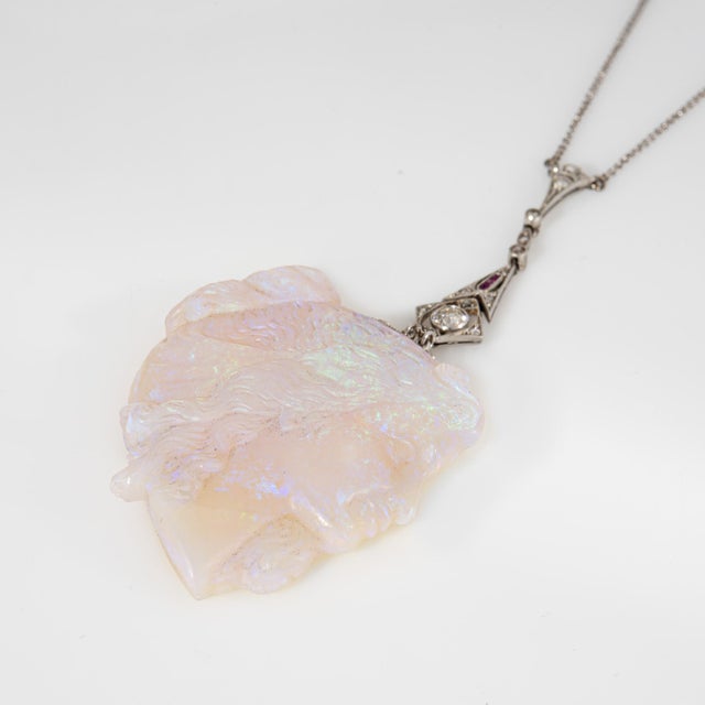 1910s Antique Edwardian Carved Opal Cameo Necklace Platinum Diamond 15" Choker For Sale - Image 4 of 5