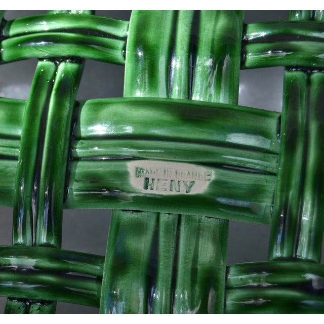 Vallauris France Glazed Woven Ceramic Basket Pink & Green Strawberry Pottery 70 For Sale - Image 11 of 13