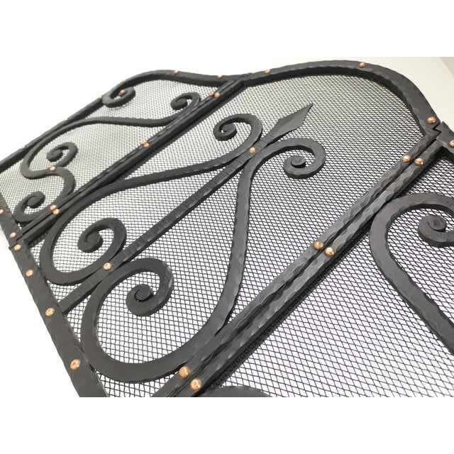 Metal Vintage French Art Deco Wrought Iron 3-Panel Fire Screen and Spark Guard, 1940s For Sale - Image 7 of 9