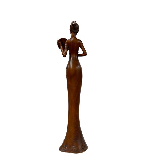 Asian Oriental Brown Wood Carved Slim Artistic Holding Fan Lady Figure For Sale - Image 3 of 6