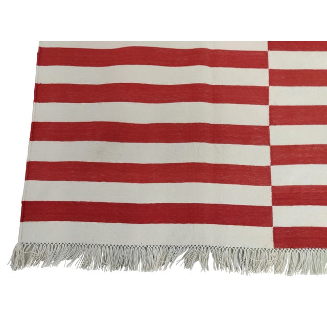Red Handmade Cotton Striped Rug, Red and White - 12'x15' For Sale - Image 8 of 10