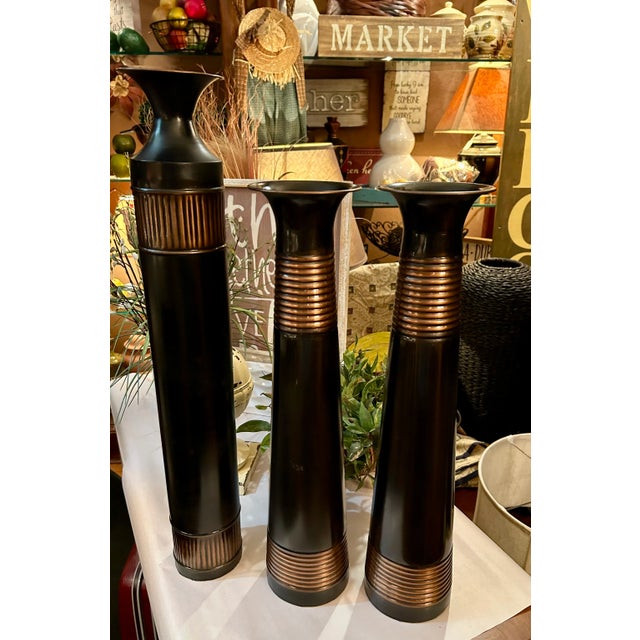 Vintage Trio of Rustic Bronze Metal Vases With Ribbed Copper Accents For Sale In Saint Louis - Image 6 of 6