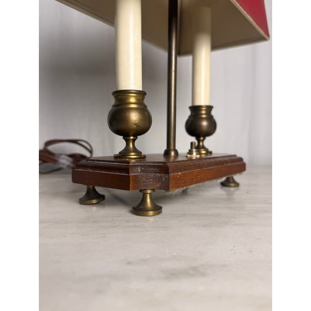 French Vintage 2-Light French Bouillotte Style Table Lamp With Red Shade, Antique Brass & Wood Desk Lamp For Sale - Image 3 of 17