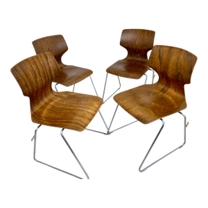 Vintage Pagwood Bentwood Stackable Dining Chairs + Tubular Chrome by Elmar Flototto | Set of 4