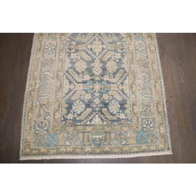 Textile Long Hamedan Sky Blue Chartreuse Runner rug no. j5211 For Sale - Image 7 of 9