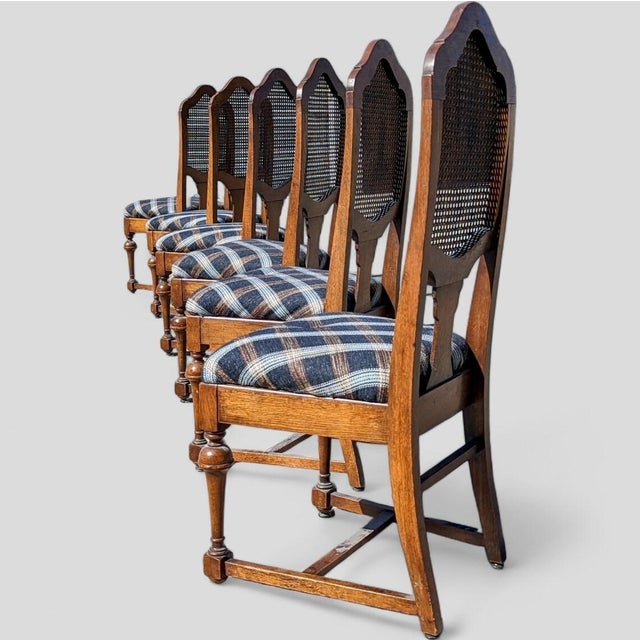 1980s 1980s Jacobean Revival Solid Oak Cane-Back Dining Chairs — Set of 6 For Sale - Image 5 of 8