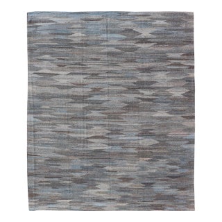Modern Blue and Grey Kilim Rug by Keivan Woven Arts, Hand-Woven Wool, 9' X 11'7" For Sale