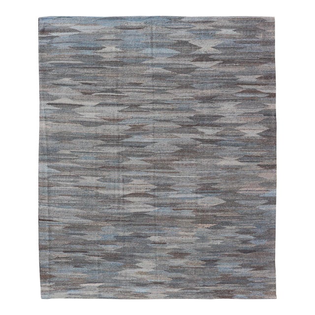 Modern Blue and Grey Kilim Rug by Keivan Woven Arts, Hand-Woven Wool, 9' X 11'7" For Sale