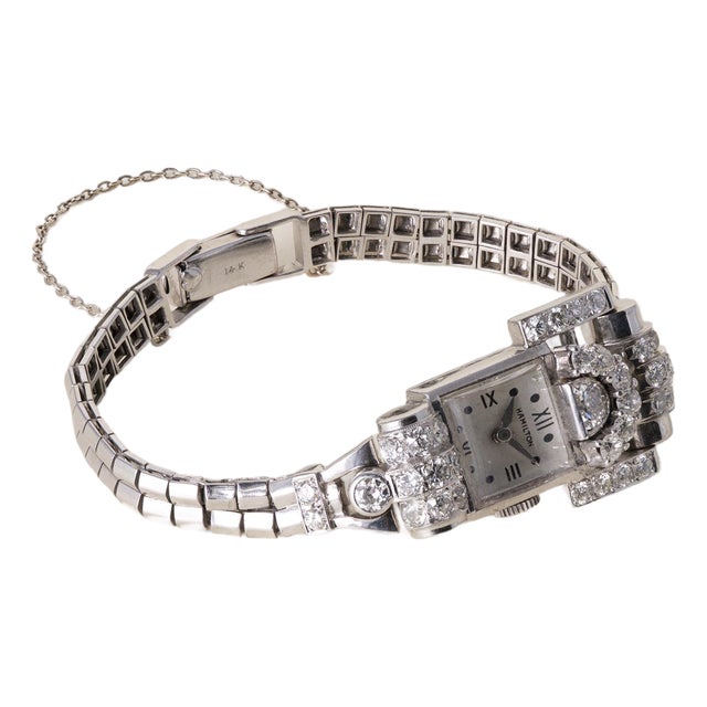 1940's 4.25 Carats Diamond Hamilton Cocktail Watch 14k White Gold For Sale