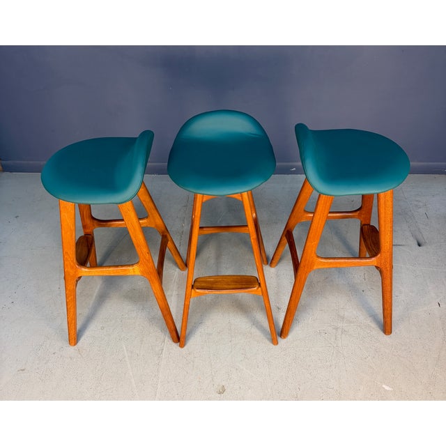Green Trio of Model Od-61 Bar Stools by Erik Buch for o.d. Mobler, Denmark, C. 1960's For Sale - Image 8 of 11