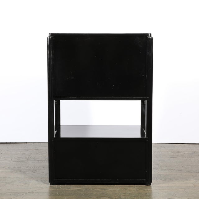 Art Deco Machine Age Bar Cabinet in Black Lacquer With Swivel and Drop Doors For Sale - Image 10 of 18