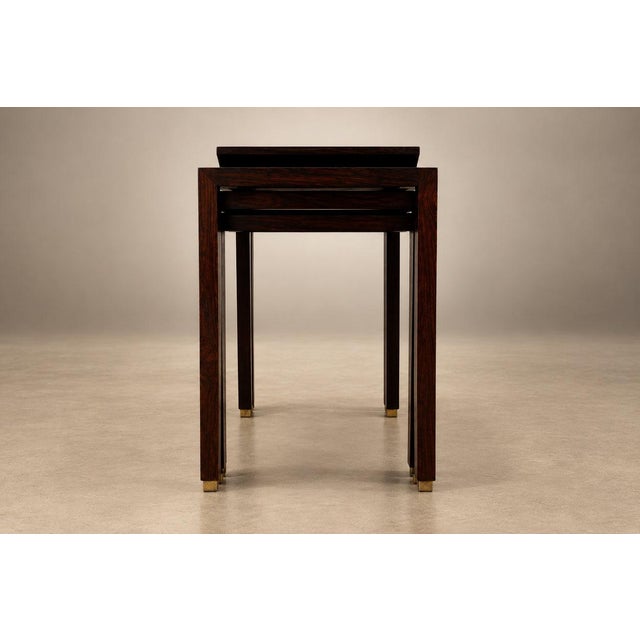 1960s Set of Three Brazilian Rosewood Nesting Tables with Removable Tray & Brass Sabots, 1960s For Sale - Image 5 of 18