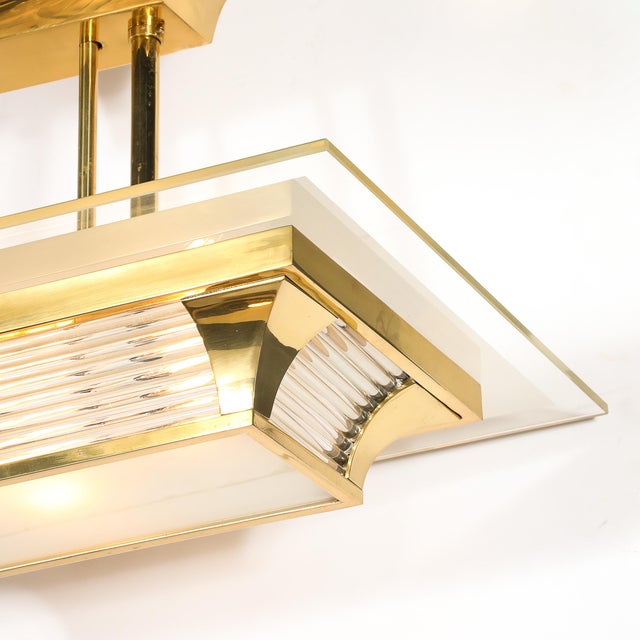 Metal Art Deco Machine Age Polished Brass Glass Rod Chandelier by Petitot For Sale - Image 7 of 18