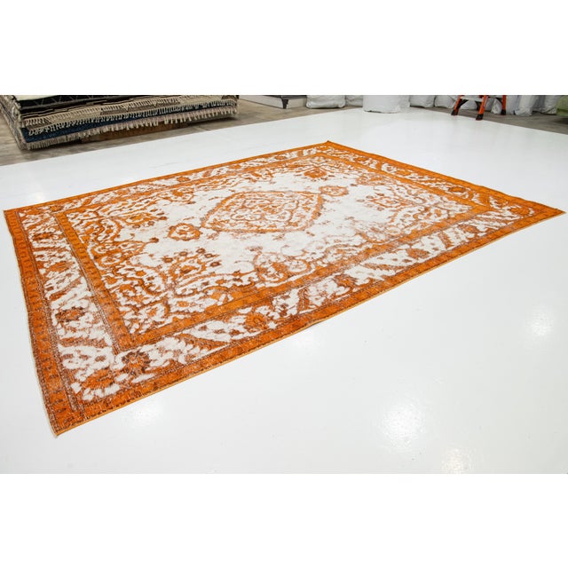 1930s Overdyed Antique Orange Wool Rug With Medallion Motif For Sale - Image 5 of 11