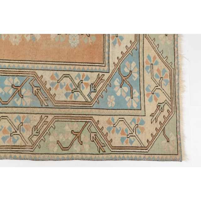 1950s Vintage Turkish Medallion Rug, Hand-Knotted Wool, Peach and Blue For Sale - Image 5 of 10