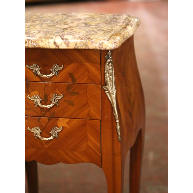 Pair Mid-Century French Louis XV Marquetry Bedside Tables With Marble Tops For Sale - Image 10 of 11