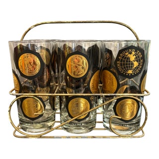 1950s Vintage Coins Around the World Highball Glasses in Original Brass Caddy 7 Pieces Total For Sale