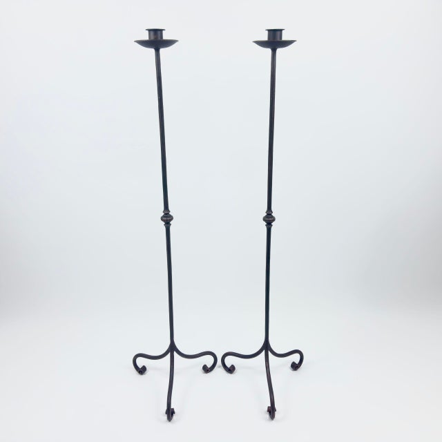 Black Hand Forged Iron Candelabra Pair (105cm) Antique Copper Tapered Stem with Scroll Base For Sale - Image 8 of 8