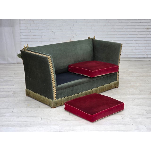 Danish 2-Seater Drop Arm Spanish Sofa in Green and Red Velour, 1970s For Sale - Image 12 of 18