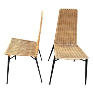 Stitched Leather and Rattan Chairs from Jacques Adnet, 1950s, Set of 2 For Sale